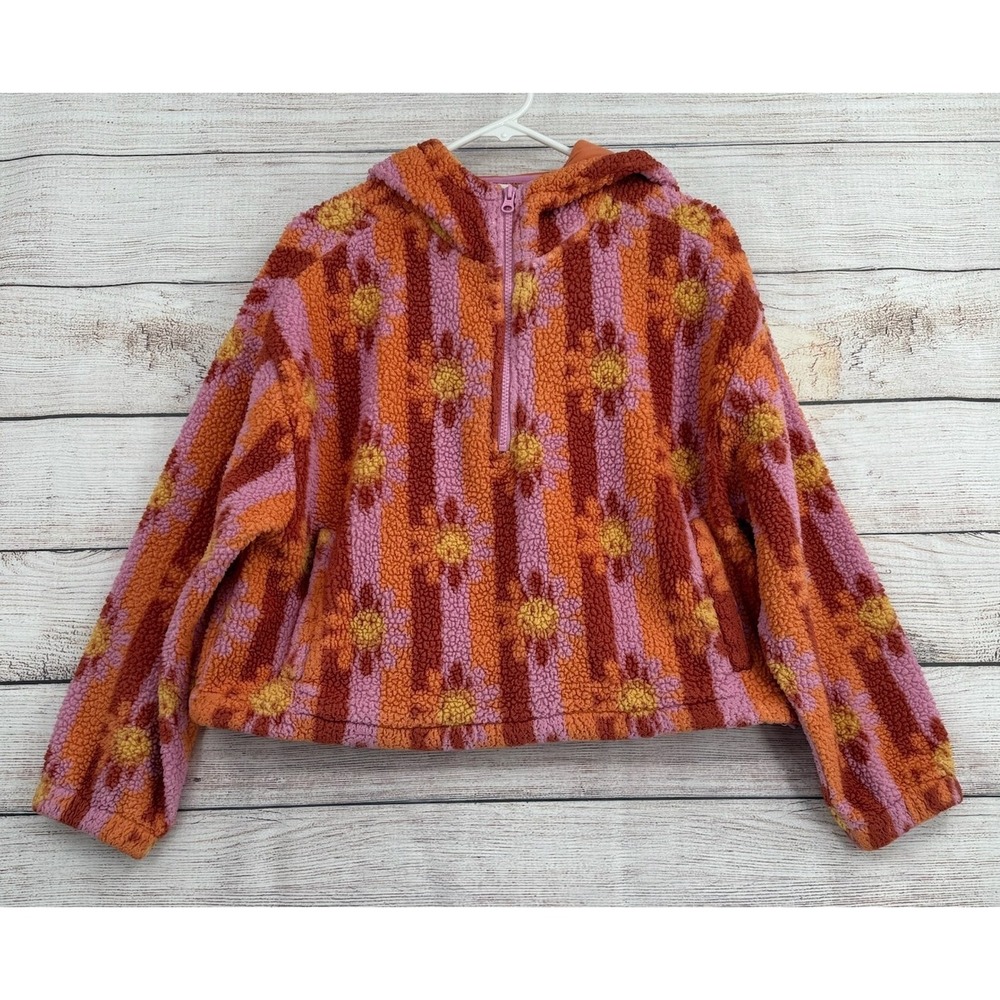Billabong Smiley Fleece Hoodie Women M Orange Pink Floral Striped Quarter Zip